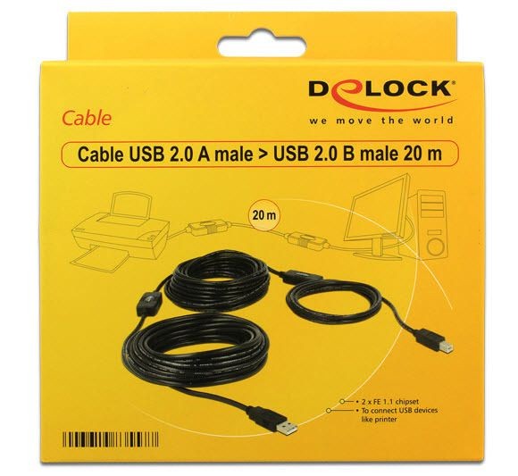 DeLock - USB2.0 Kabel, A-B, 20m, schwarz